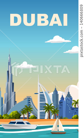 Flat Vector Illustration of Dubai Skyline with Famous Landmarks and Boats Flat Vector Illustration of Dubai Skyline with Famous Landmarks and Boats 140666809