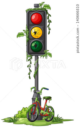 Overgrown Traffic Light and Abandoned Bicycle Illustration Overgrown Traffic Light and Abandoned Bicycle Illustration 140666810