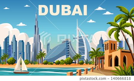 Modern Dubai Cityscape Illustration with Burj Khalifa and Traditional Arabic Architecture Modern Dubai Cityscape Illustration with Burj Khalifa and Traditional Arabic Architecture 140666818