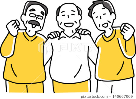 三個中年男子肩並肩,熱情洋溢。 三個中年男子肩並肩,熱情洋溢。 140667009