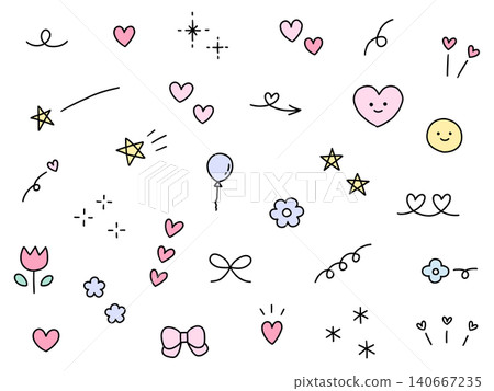 A set of hand-drawn decorative vector illustrations. Includes hand-drawn styles, speed lines, ribbons, doodles, hearts, and stars. 140667235