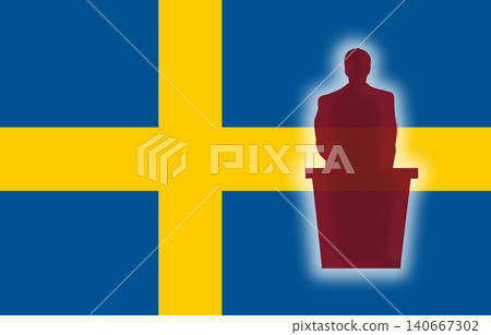 Sweden flag with politician speaker silhouette on podium. Horizontal graphic illustration of Swedish elections, government vote, parliament debate and politics concept 140667302