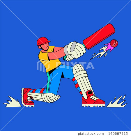 Flat Cricket Batter with Bat and Ball Illustration 140667315