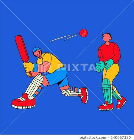 Cricket Player Defending Ball with Wicketkeeper Cricket Player Defending Ball with Wicketkeeper 140667320