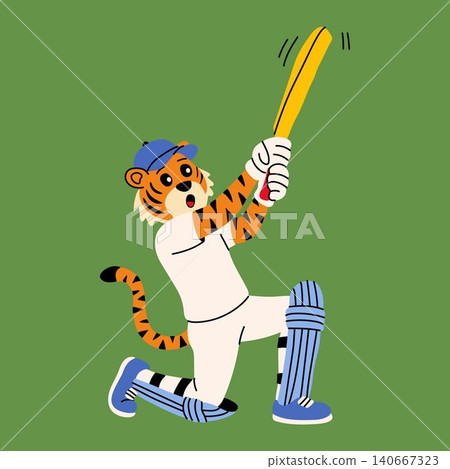 Animal Cricketer Swinging Bat on Green Background Animal Cricketer Swinging Bat on Green Background 140667323