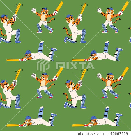 Tiger Cricket Players Seamless Pattern Illustration Tiger Cricket Players Seamless Pattern Illustration 140667329