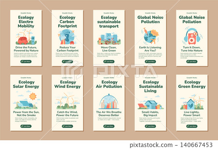 Eco social media banner set in flat style shows ecology, renewable energy and transport as soft green scenes. Vertical template series for sustainable lifestyle, clean air and carbon footprint Eco social media banner set in flat style shows ecology, renewable energy and transport as soft green scenes. Vertical template series for sustainable lifestyle, clean air and carbon footprint 140667453