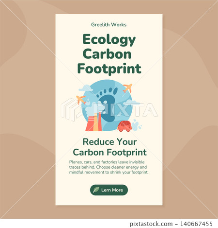 Ecology carbon footprint eco banner in flat style. Green planet scene as environment concept with co2 air pollution and carbon emission. Sustainability poster about footprint and climate care for Ecology carbon footprint eco banner in flat style. Green planet scene as environment concept with co2 air pollution and carbon emission. Sustainability poster about footprint and climate care for 140667455