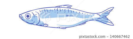 Whimsical tuna fish icon with ink line outline and flat cartoon graphic style on white background. Handdrawn seafood illustration for food menu, restaurant graphic and cute coastal design element. 140667462
