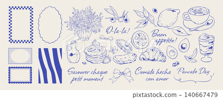Coquette breakfast sketch in blue line set. French coffee and cake appear as cute food icons and doodle elements. Pancakes, croissant cup sit as brunch template with background frame set for cafe Coquette breakfast sketch in blue line set. French coffee and cake appear as cute food icons and doodle elements. Pancakes, croissant cup sit as brunch template with background frame set for cafe 140667479