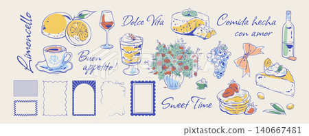 Whimsical french breakfast in blue and yellow color set. Cute food as dessert, cake and pancakes with cafe cup as doodle. Hand drawn icon collection, breakfast brunch menu template with line frame Whimsical french breakfast in blue and yellow color set. Cute food as dessert, cake and pancakes with cafe cup as doodle. Hand drawn icon collection, breakfast brunch menu template with line frame 140667481