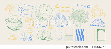 Coquette french breakfast ink line doodle set. Cute dessert and coffee with tea, pancakes and croissant as playful brunch food icons. Yellow blue card template collection for cafe menu, restaurant Coquette french breakfast ink line doodle set. Cute dessert and coffee with tea, pancakes and croissant as playful brunch food icons. Yellow blue card template collection for cafe menu, restaurant 140667482