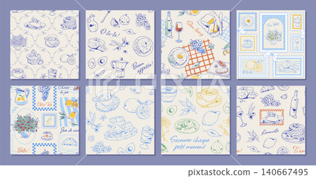 Whimsical french breakfast seamless pattern in soft blue and yellow set. Hand drawn cafe food as croissant and dessert set with coffee wine on cozy background. Doodle bakery tile texture for cafe Whimsical french breakfast seamless pattern in soft blue and yellow set. Hand drawn cafe food as croissant and dessert set with coffee wine on cozy background. Doodle bakery tile texture for cafe 140667495