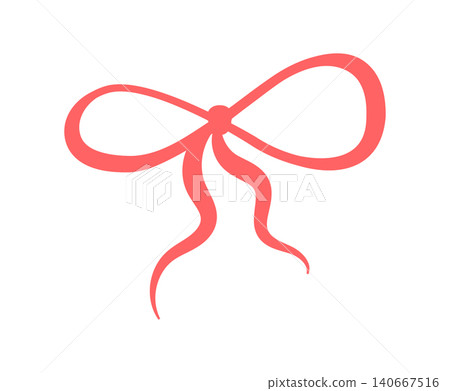 Whimsical hand drawn decorative bow art. Cute girly red ribbon knot as romantic element and wavy bow tie doodle. Simple outline decor for valentine card or wedding invitation with minimal aesthetic 140667516