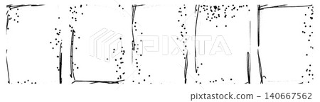 Thin doodle frames with sketchy line borders and scattered ink dots. Subtle gritty photo frame set in drawn pen stroke for retro collage or text box. Vector border collection with grunge detail Thin doodle frames with sketchy line borders and scattered ink dots. Subtle gritty photo frame set in drawn pen stroke for retro collage or text box. Vector border collection with grunge detail 140667562