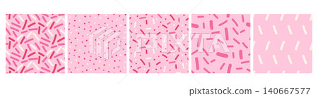 Small dash pink sprinkle in seamless pattern set with cute polka dot confetti. Mini rice and pea shapes on pink for girl birthday party. Pastel vector small dash aop simple prints pack isolated Small dash pink sprinkle in seamless pattern set with cute polka dot confetti. Mini rice and pea shapes on pink for girl birthday party. Pastel vector small dash aop simple prints pack isolated 140667577