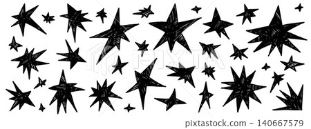Star and chalk doodle blinks with crayon scribble for grungy sticker. Hand drawn star figures and chalk twinkle doodle on white. Vector magic spark set isolated for trendy promotion holiday design Star and chalk doodle blinks with crayon scribble for grungy sticker. Hand drawn star figures and chalk twinkle doodle on white. Vector magic spark set isolated for trendy promotion holiday design 140667579