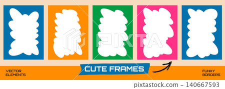 Playful cloud border for cute photo frame card and bold party template. Fluffy doodle shape with wavy puffy figures in bright hues. Vector playful border for callout and text quotation funky set bg Playful cloud border for cute photo frame card and bold party template. Fluffy doodle shape with wavy puffy figures in bright hues. Vector playful border for callout and text quotation funky set bg 140667593