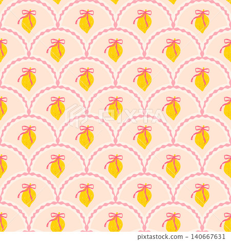 Scallop whimsical pattern. Lemon bow seamless pattern. Summer fruit design for textiles, wallpaper decor. Mediterranean print. Vector coquette lemons with ribbon repeat pink romantic background 140667631
