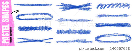 Highlight underline pencil strokes in deep blue pastel on white. Crayon kid brush texture with oval and line shapes set. Hand drawn vector highlight elements with cross, irregular marks isolated Highlight underline pencil strokes in deep blue pastel on white. Crayon kid brush texture with oval and line shapes set. Hand drawn vector highlight elements with cross, irregular marks isolated 140667638