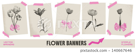 Whimsical grunge flower posters with stipple photocopy halftone. Retro tulip and peony prints with pink bows and tape on beige sheets. Vector set of whimsical dotted flowers for cute wall art print 140667646
