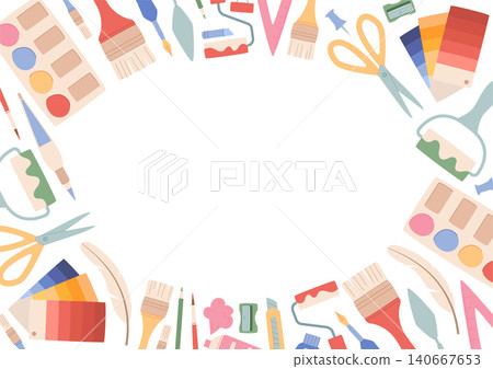 Cartoon paint craft supply background with white rectangle space in horizontal format. Art tools as brush, pencil and scissors frame the flat template. Colorful watercolor paint craft layout fits Cartoon paint craft supply background with white rectangle space in horizontal format. Art tools as brush, pencil and scissors frame the flat template. Colorful watercolor paint craft layout fits 140667653