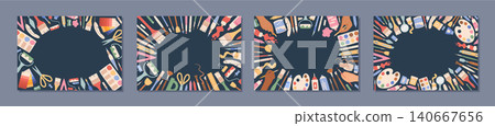 Collection of flat artist supply background template. Horizontal art palette and brush layout as colorful painting workshop object. Watercolor pencil craft supplies frame for creative class Collection of flat artist supply background template. Horizontal art palette and brush layout as colorful painting workshop object. Watercolor pencil craft supplies frame for creative class 140667656