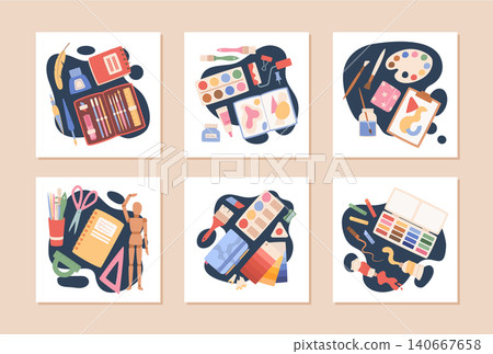 Cartoon art craft equipment on white background set. Color art tools appear as playful artist supply and painting kit. Palette, brush and watercolor pencil set show creative concept for children Cartoon art craft equipment on white background set. Color art tools appear as playful artist supply and painting kit. Palette, brush and watercolor pencil set show creative concept for children 140667658