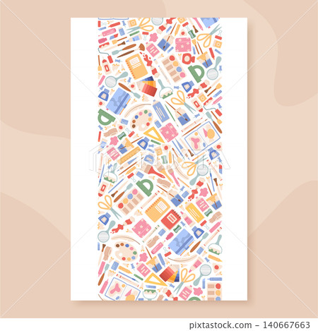 Cartoon artist supplies palette pattern template. Cute art stationery act as creative painting kit and workshop study stuff. Color pencil, brush and scissors with watercolor palette form pastel Cartoon artist supplies palette pattern template. Cute art stationery act as creative painting kit and workshop study stuff. Color pencil, brush and scissors with watercolor palette form pastel 140667663