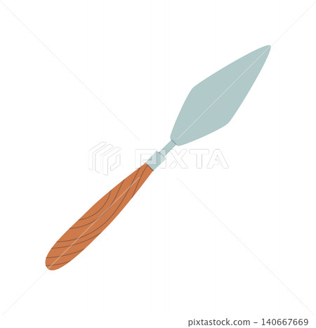 Cartoon palette knife simple art tool. Cute painter spatula doodle as creative palette equipment and wooden handle object. Fun artist tool icon for school craft class, hobby kit and modern stationery 140667669