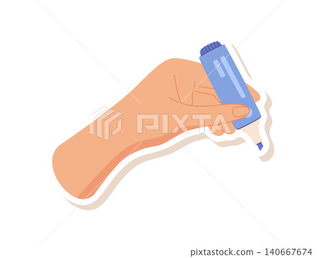 Flat hand draw marker art on white. Human palm hold blue stationery tool as cute sticker patch and icon. Simple painter supply for school art class and creative workshop, childish craft object study Flat hand draw marker art on white. Human palm hold blue stationery tool as cute sticker patch and icon. Simple painter supply for school art class and creative workshop, childish craft object study 140667674