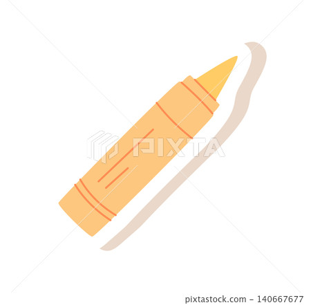Flat yellow crayon sticker on white. Cute childish art supply as simple stationery tool for children and school class. Minimal cartoon crayon icon with soft color accent for creative craft and study Flat yellow crayon sticker on white. Cute childish art supply as simple stationery tool for children and school class. Minimal cartoon crayon icon with soft color accent for creative craft and study 140667677