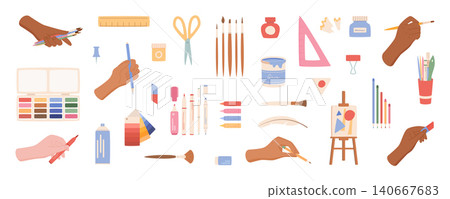 Set of flat painter supplies isolated on white background in pastel color. Hand draw art tool kit with pencil, marker and brush. Cute doodle palette and paintbrush for school class, creative workshop 140667683
