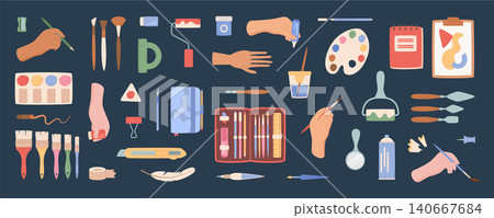 Flat art craft tools set with doodle style hands, watercolor palette and paintbrush on dark background. Creative art kit as cute painter supplies and tool collection, pastel color graphic for school Flat art craft tools set with doodle style hands, watercolor palette and paintbrush on dark background. Creative art kit as cute painter supplies and tool collection, pastel color graphic for school 140667684