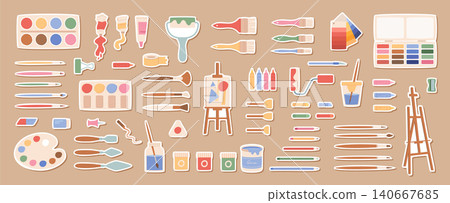 Flat artist patch supplies kit with pastel color paint and brush shapes. Cute art sticker set and palette patch icons suit children class or creative workshop. Beige background supports colorful Flat artist patch supplies kit with pastel color paint and brush shapes. Cute art sticker set and palette patch icons suit children class or creative workshop. Beige background supports colorful 140667685