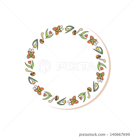 Cute camping doodle circle sticker frame shows outdoor nature and adventure with colorful summer camp theme. Hiking elements and color shape give outdoor fun style, ideal for adventure patch or camp Cute camping doodle circle sticker frame shows outdoor nature and adventure with colorful summer camp theme. Hiking elements and color shape give outdoor fun style, ideal for adventure patch or camp 140667699