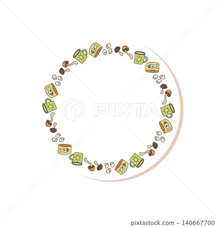 Cartoon doodle sticker with outdoor adventure circle frame. Travel and camp elements in nature motif. Trip and color details accent this playful patch for creative projects or fun holiday 140667700