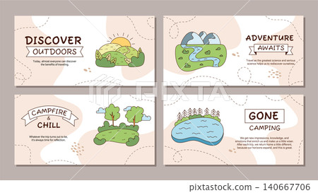 Colorful doodle camp adventure collection with green background. Nature banners show hiking in forest, river, and lake. Outdoor camp theme in playful style perfect for summer travel concepts. Colorful doodle camp adventure collection with green background. Nature banners show hiking in forest, river, and lake. Outdoor camp theme in playful style perfect for summer travel concepts. 140667706