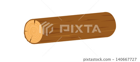 Flat wooden log label with brown wood trunk and round tree grain texture. Simple sticker style as natural timber concept, forest product symbol and rustic label element for branding or game UI 140667727