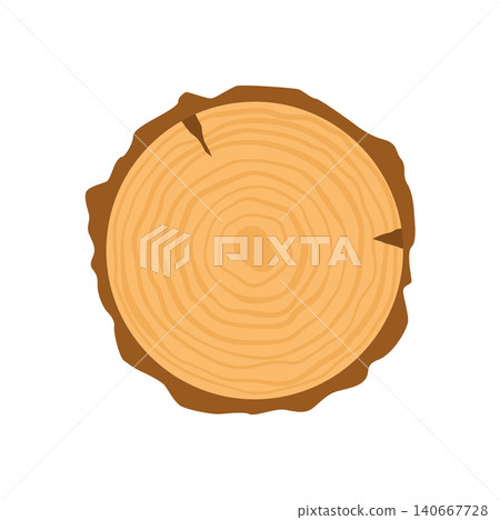 Round yellow tree slice with ring pattern as cute cartoon wood stump sticker. Brown log section forms simple nature . Rustic circle sticker suits forest concept, lumber products label and flat 140667728