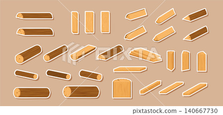 Flat wood plank and log sticker set in warm brown and yellow tone. Cartoon tree section with round log long beam on soft board background. Chopped block plank icon group for label, card banner Flat wood plank and log sticker set in warm brown and yellow tone. Cartoon tree section with round log long beam on soft board background. Chopped block plank icon group for label, card banner 140667730