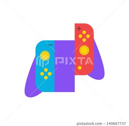 Modern flat videogame gamepad patch in bold blue and red. This playful controller device brings a touch of y2k gadget style. A digital pad joypad for fun game or badge element. Modern flat videogame gamepad patch in bold blue and red. This playful controller device brings a touch of y2k gadget style. A digital pad joypad for fun game or badge element. 140667737