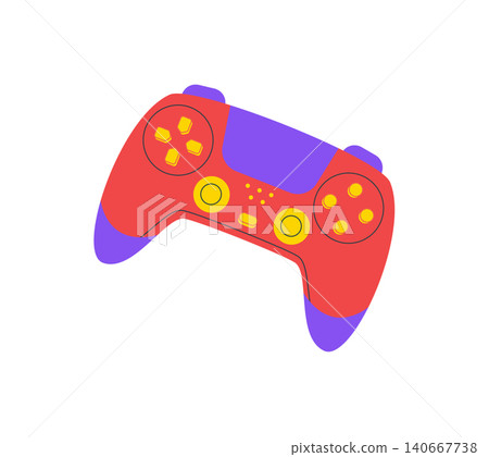 Cartoon gamepad sticker with trendy joystick and patch style. Controller for gamer and gadget fan, joypad for entertainment video game item, y2k accent, flat colorful element. Cartoon gamepad sticker with trendy joystick and patch style. Controller for gamer and gadget fan, joypad for entertainment video game item, y2k accent, flat colorful element. 140667738