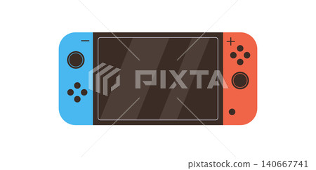 Modern flat handheld videogame console sticker with portable gadget and y2k controller. Video game device as colorful electronic equipment, ideal for game and technology themes, in blue red. Modern flat handheld videogame console sticker with portable gadget and y2k controller. Video game device as colorful electronic equipment, ideal for game and technology themes, in blue red. 140667741