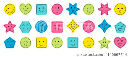Cute retro y2k sticker emoji set with smiley faces in pink heart, star and flat cartoon shapes. Eyes and smile add fun expression, perfect for playful emoji collection modern vibes. Cute retro y2k sticker emoji set with smiley faces in pink heart, star and flat cartoon shapes. Eyes and smile add fun expression, perfect for playful emoji collection modern vibes. 140667744