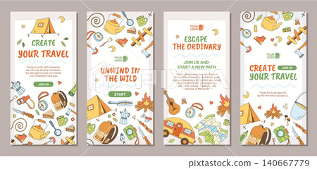 Cartoon camping banner bundle with tent, campfire, and backpack in doodle style. Vertical background combines travel, camp, and adventure themes as a color graphic for outdoor fun trip or holiday. Cartoon camping banner bundle with tent, campfire, and backpack in doodle style. Vertical background combines travel, camp, and adventure themes as a color graphic for outdoor fun trip or holiday. 140667779