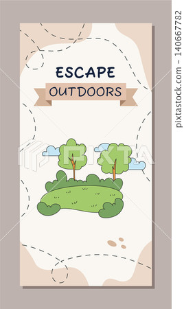 Vertical camp poster with doodle map and green tree elements. Enjoy outdoor adventure and escape in forest nature, colorful background for summer or trip concept. Vertical camp poster with doodle map and green tree elements. Enjoy outdoor adventure and escape in forest nature, colorful background for summer or trip concept. 140667782
