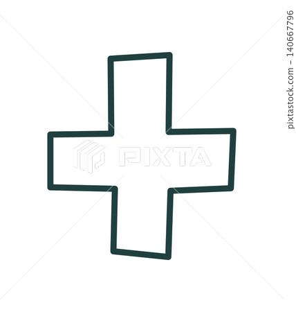 Clean outline firstaid icon in doodle style. Simple camp medical symbol with line art look. Minimal outdoor cross as hiking aid and adventure cue. Dark green stroke on white suits camping maps and Clean outline firstaid icon in doodle style. Simple camp medical symbol with line art look. Minimal outdoor cross as hiking aid and adventure cue. Dark green stroke on white suits camping maps and 140667796