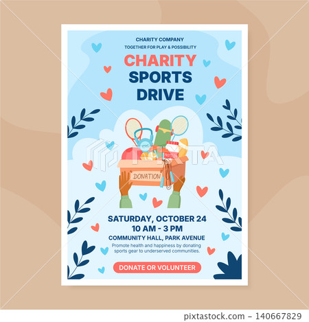 Sport equipment charity donation box poster. Community gift box with ball and sport equipment as help and support for people. Volunteer donate concept on light blue background, flat icon style for 140667829