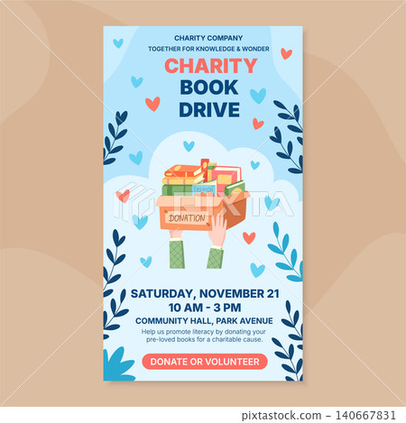 Charity book donation box with bright color heart and leaf background. Kind volunteer hand hold a gift box of book for community people and needy kid. Warm blue light coral palette suits poster, 140667831